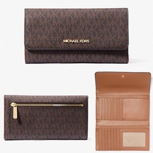 NWT Michael Kors | Brown Monogram Large Logo Trifold Wallet $298